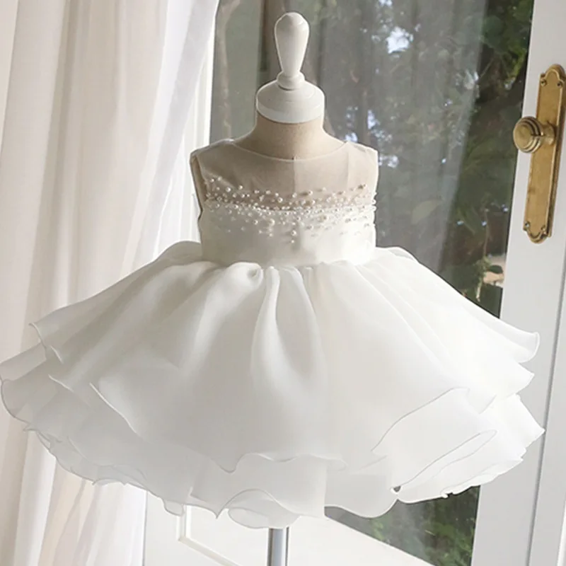 

Flower Girl White Birthday Kids Formal Princess Tutu Dress Host Piano Performance Evening Gown Fashion First Birthday Pageant