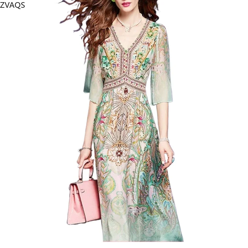 

ZVAQS 100%Mulberry Silk Dresses for Women Summer Printed Dress Vintage Boho Waist Beaded Long Silk Dress for Womenженская Одежда