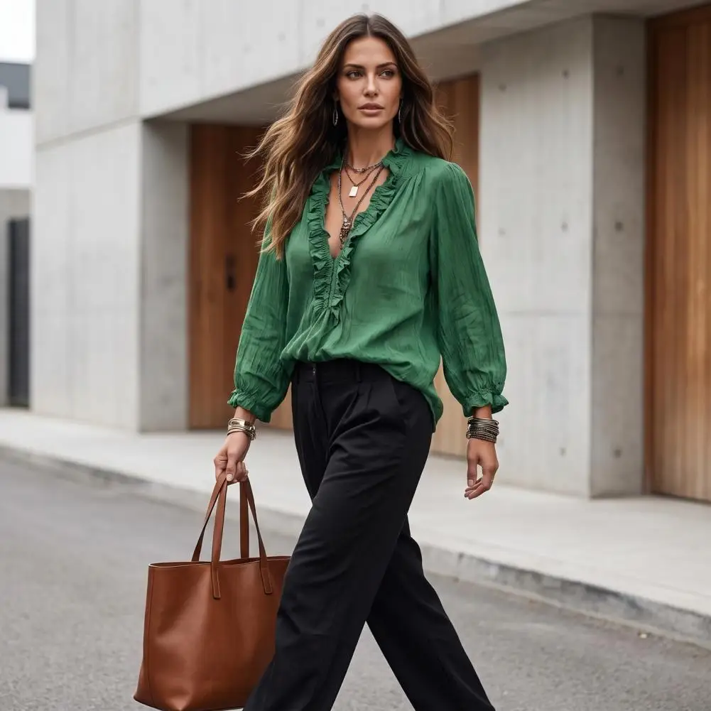 Women Ruffle V-Neck Top, Solid Color Casual Long Sleeve Pullover Shirt, Retro Pleated Casual Loose Blouse For Autumn New