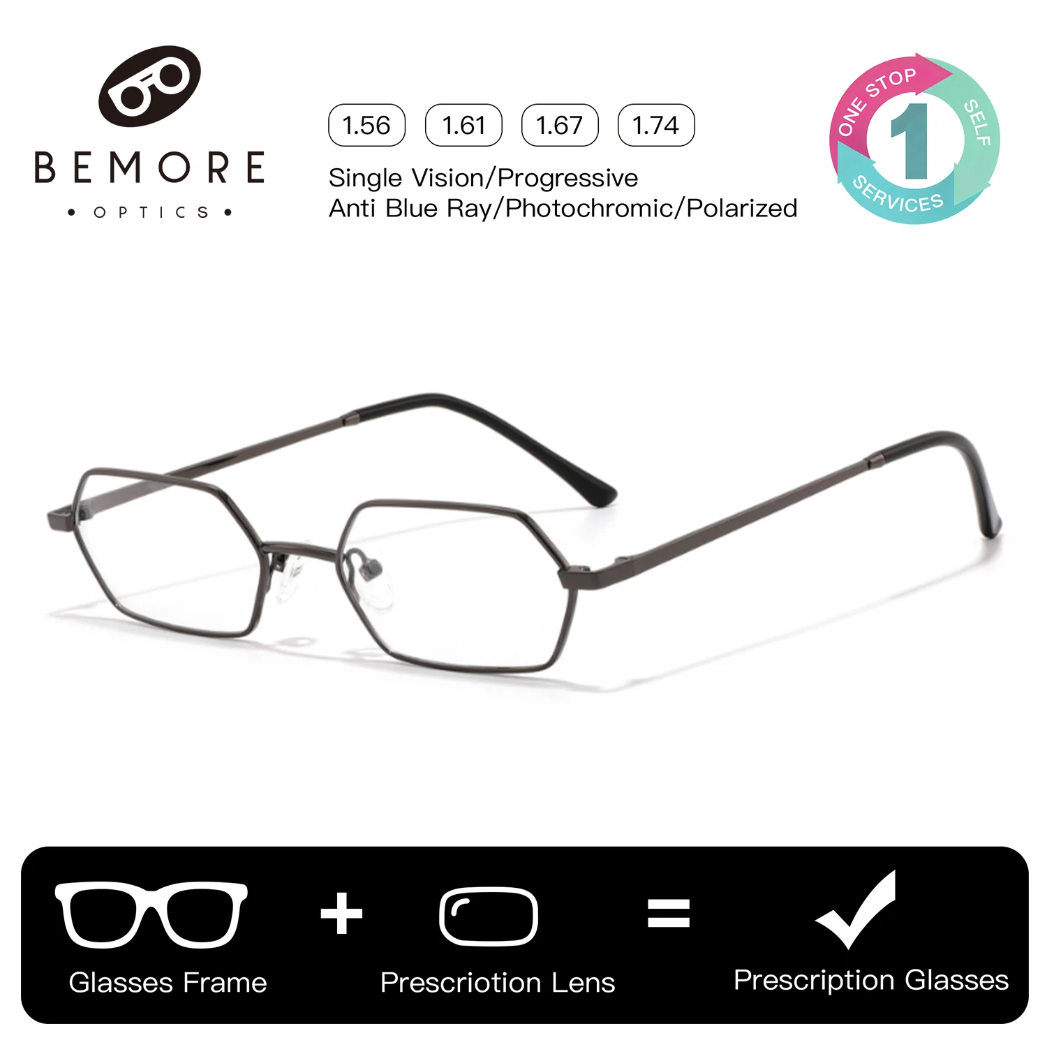 BEMORE Polygon Prescription Glasses For Women Metal Photochromic Glasses with Diopters Anti Blue Light Optical Eyeglasses
