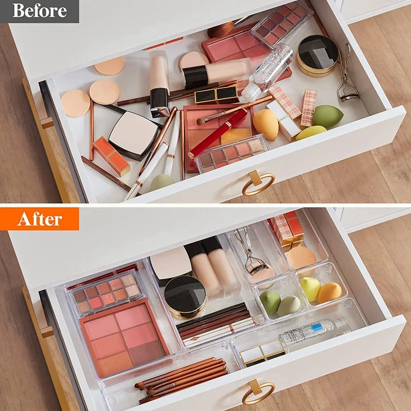 ABWR-25 buah Set organiser laci plastik bening laci meja pembagi nampan penyimpanan kotak pemisah untuk Makeup