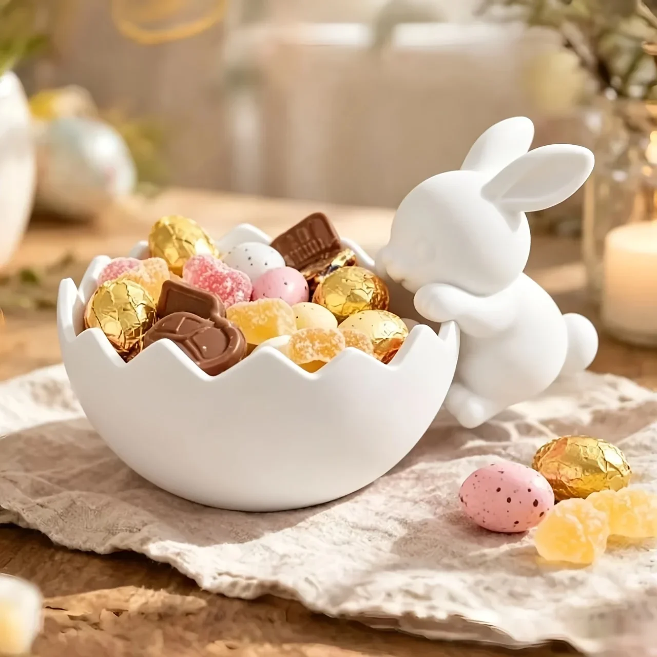 3D Printed Easter Bunny Candy Bowl White Eggshell Rabbit Basket Snack Nuts Storage Holder Spring Party Desktop Decor