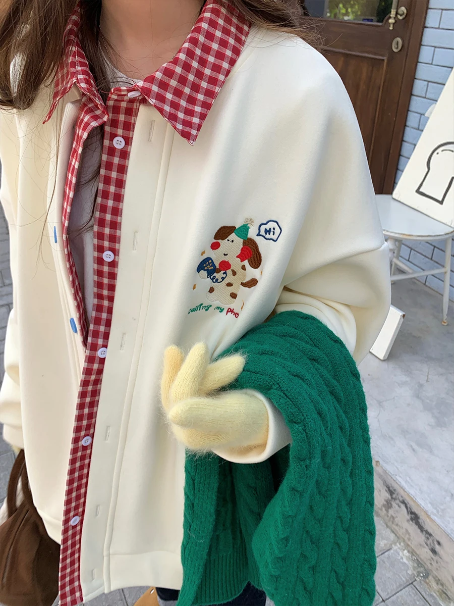 

Preppy Style Patchwork Collar Sweatshirt Women Spring Autumn Unique Beautiful Fake Two-Piece Baseball Jacket Outerwear