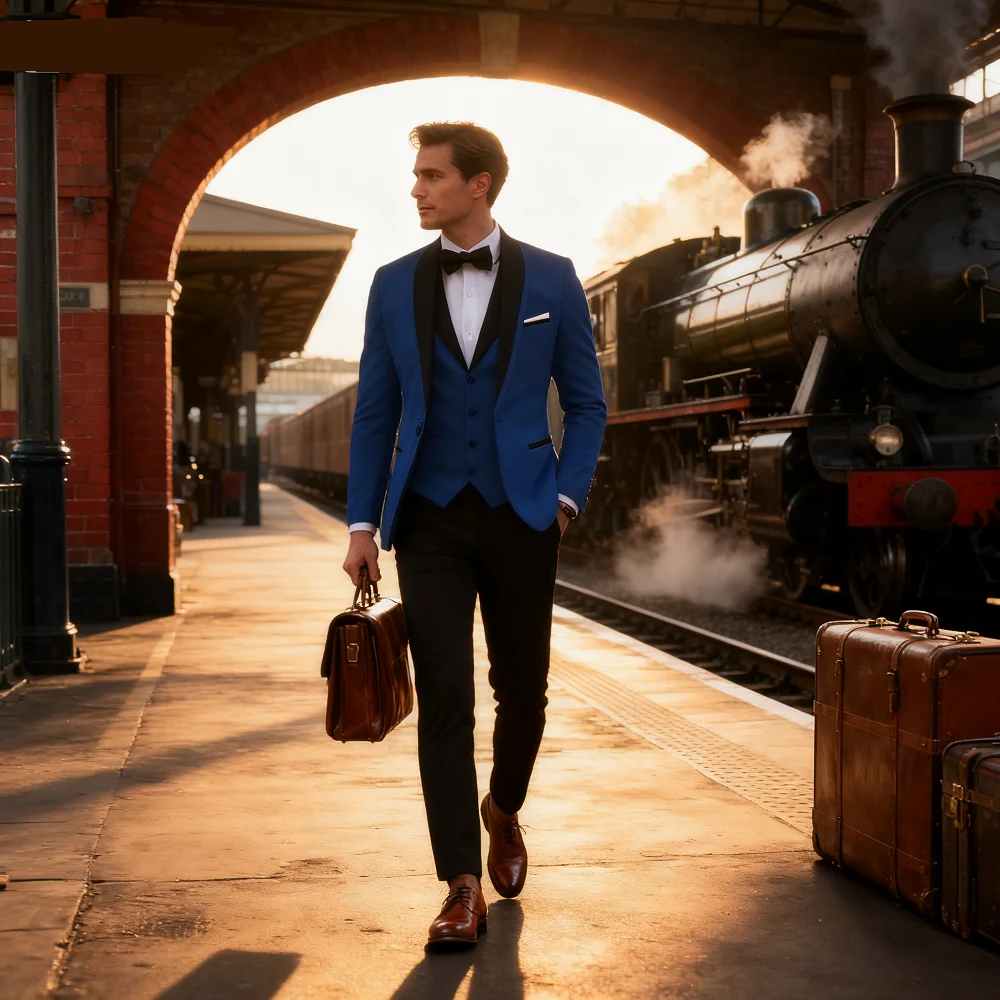 

Men's Casual Slim Fit Tuxedo 3-Piece Set - Solid Color Business Formal Suit with Shawl Lapel One-Button Blazer Vest Pants