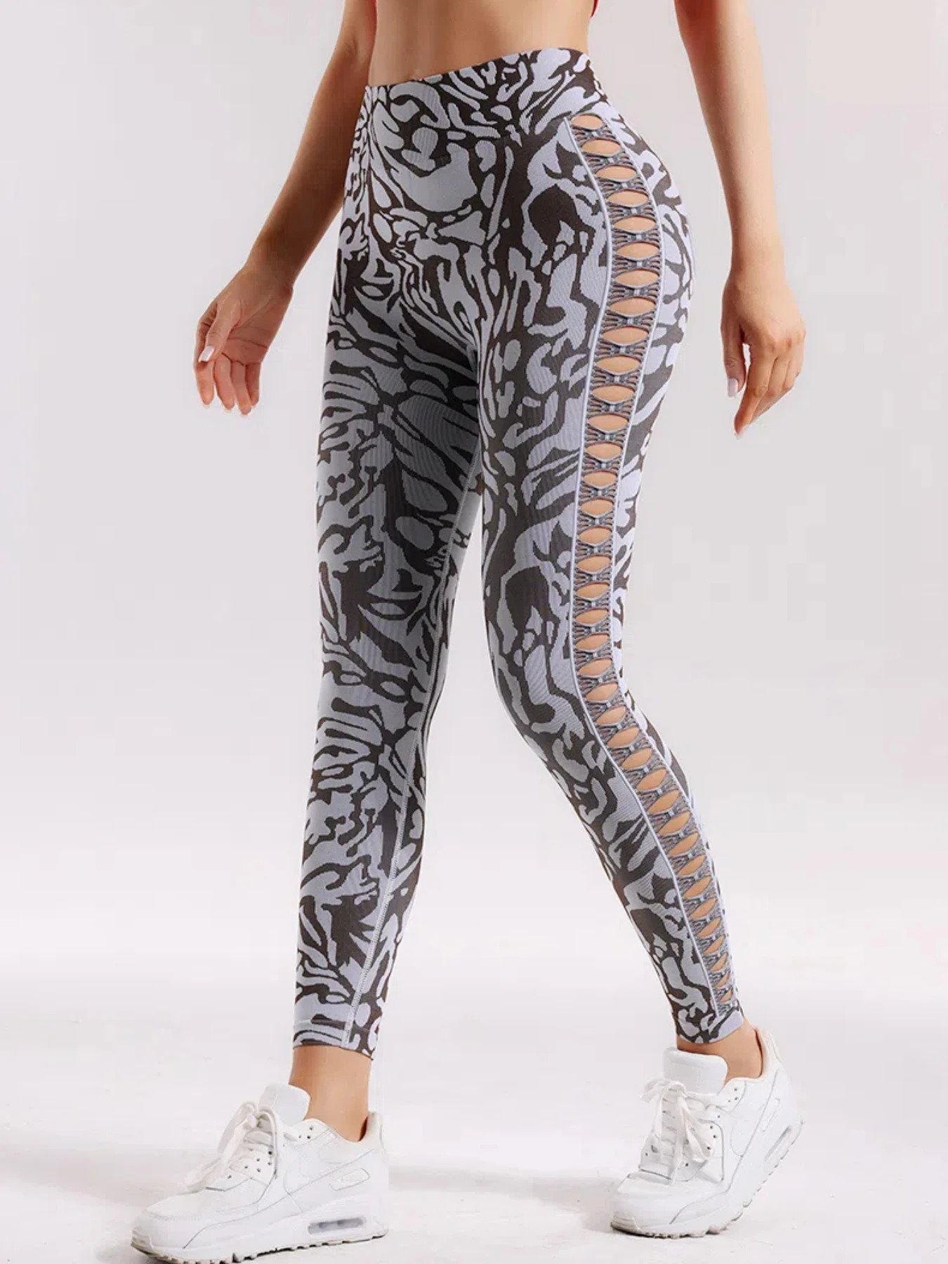 High-Waist Seamless Side-Hollow Yoga Pants Women's Anti-Slip Fitness Running Tights Peach-Bottom Design Sport Long Trousers