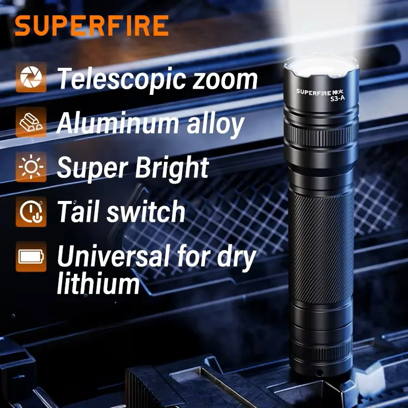 

New SuperFire S3-A Flashlight Zoomable High Strong Power LED Rechargeable & AAA Battery Dual Mode Torch with Tail Switch Lantern
