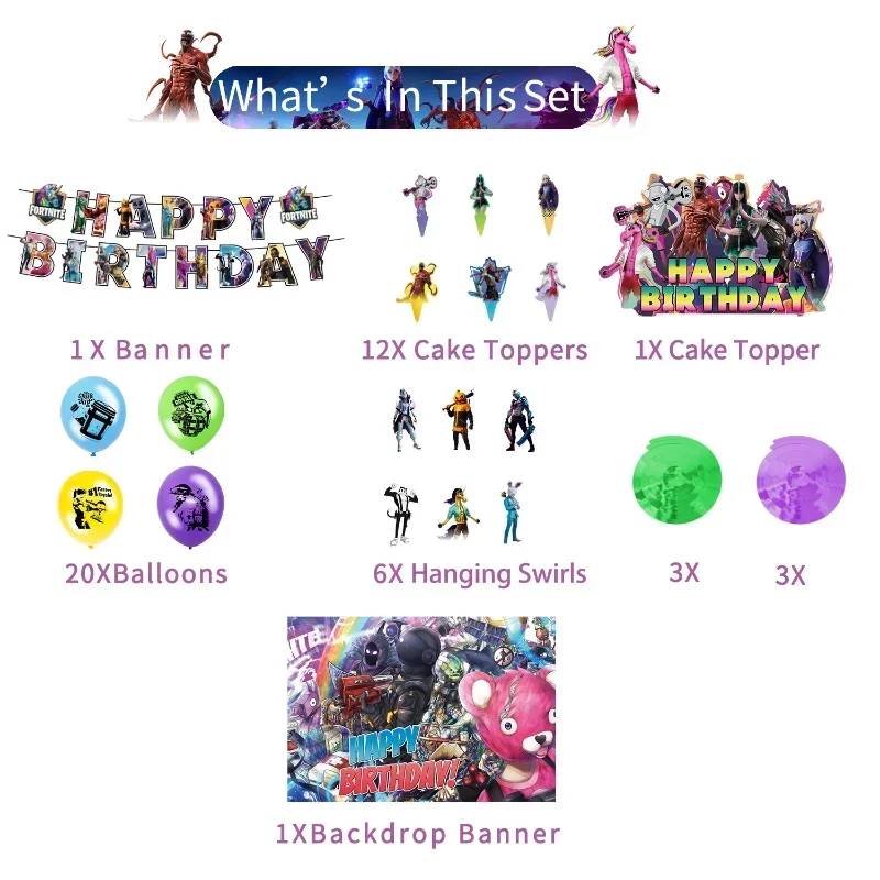 مجموعة ديكورات حفلات أعياد الميلاد السعيدة من Fortnite، بالونات من اللاتكس، لافتة علم الكيك، مستلزمات الحفلات #3