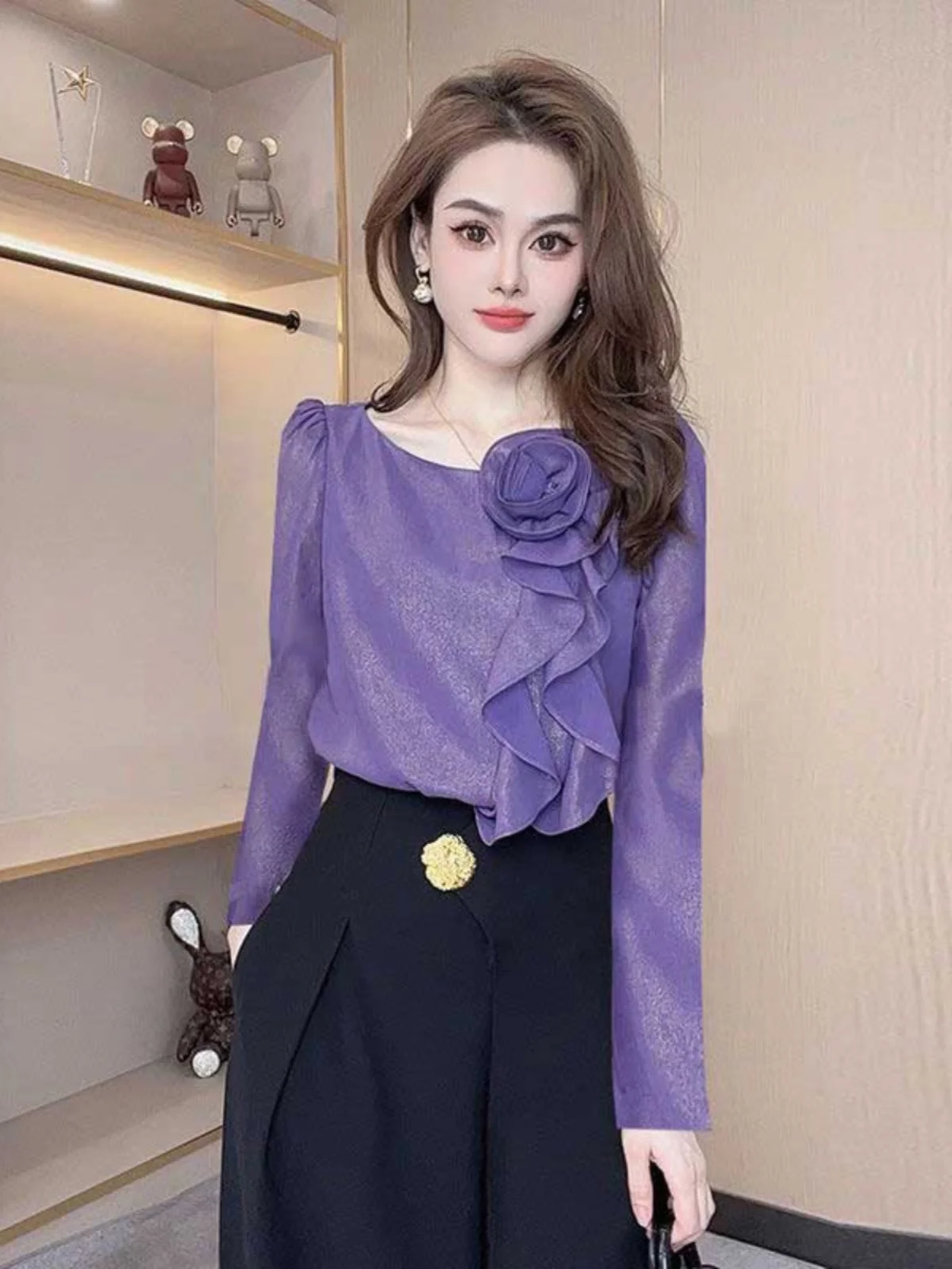 

Lavender Boucle Blouse Women 2025 Fall 3D Floral Applique Ruffle Trim Puff Sleeve Nouveau Chic Aesthetic Modern Aristocrat Top