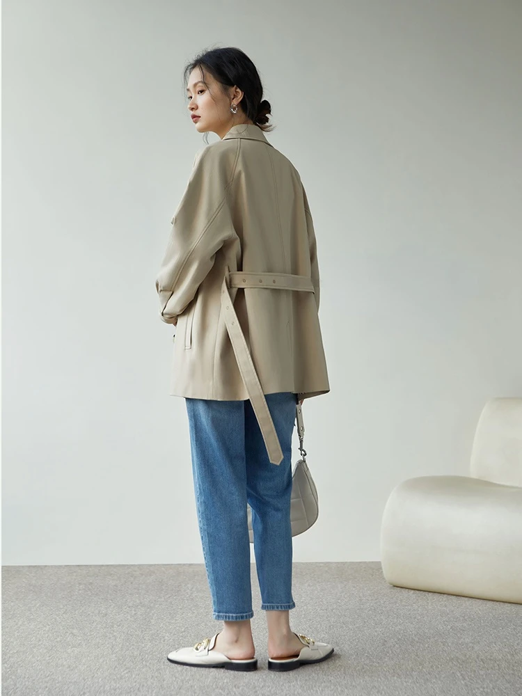 ZIQIAO Turn Down Collar Full Regular Sleeve Khaki Trench Loose Straight Short Jakcet Office Lady Fabric Belt Coat For Female