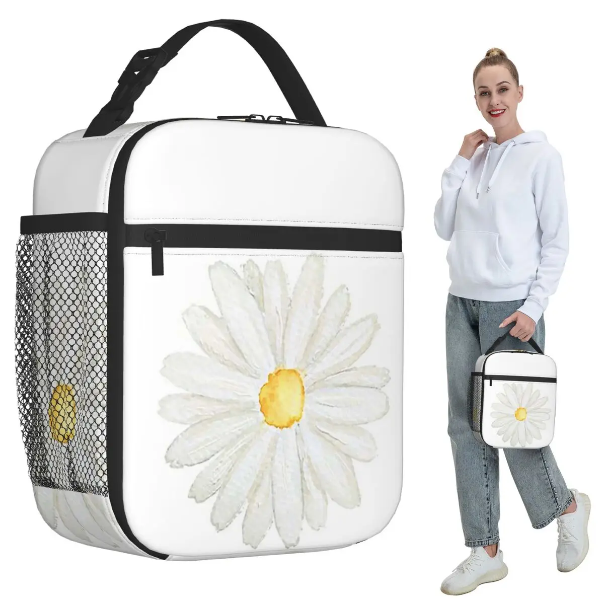 Hand Painted One Little White Daisy Watercolor Insulated Lunch Bag for Women Office Cooler Thermal Food Box Tote Lunch Boxes