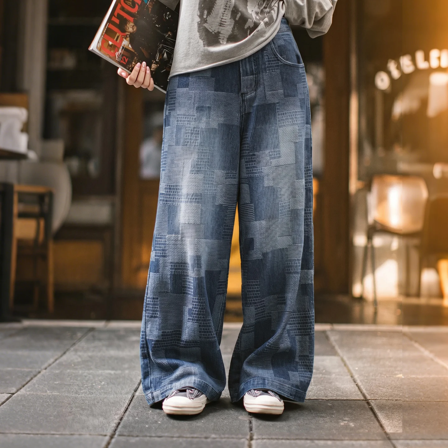 Maden Women's Vintage Boro Printed Denim Jeans Loose Straight Wide Leg Washed Trousers Oversize Y2K Style Casual Retro Layering