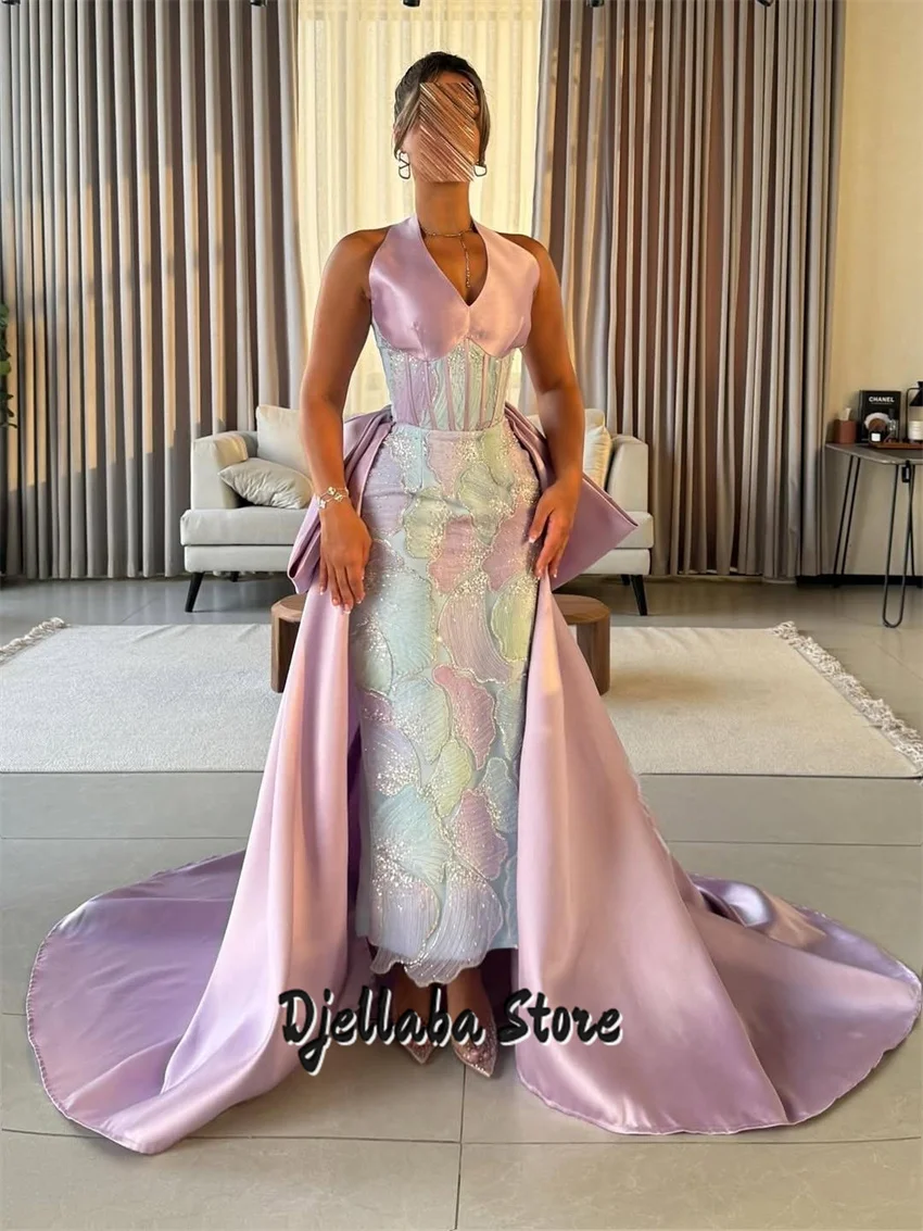 Nouveau brillant violet perlé bretelles licou robes de soirée 2025 femmes dubaï brillant longue robe de soirée robes personnalisées