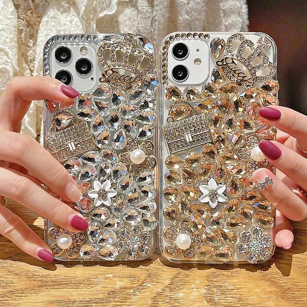 Glitter Diamond Crown Bag Pearl Flower Clear Phone Case For iPhone 14 13 12 11 Pro Max X XR XS 7 8 Plus Rhinestone Back Cover