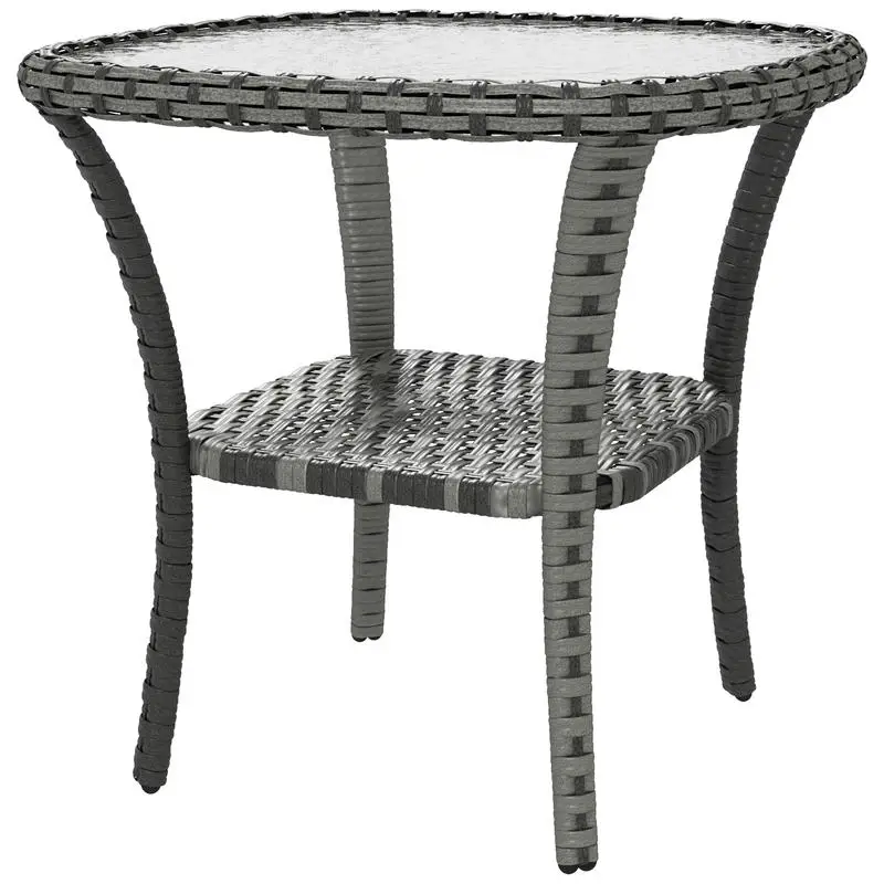 

Outdoor Coffee Table with Storage Shelf, Hand-Woven Wicker Side Table with Water-Ripple Glass Top, Mix Gray