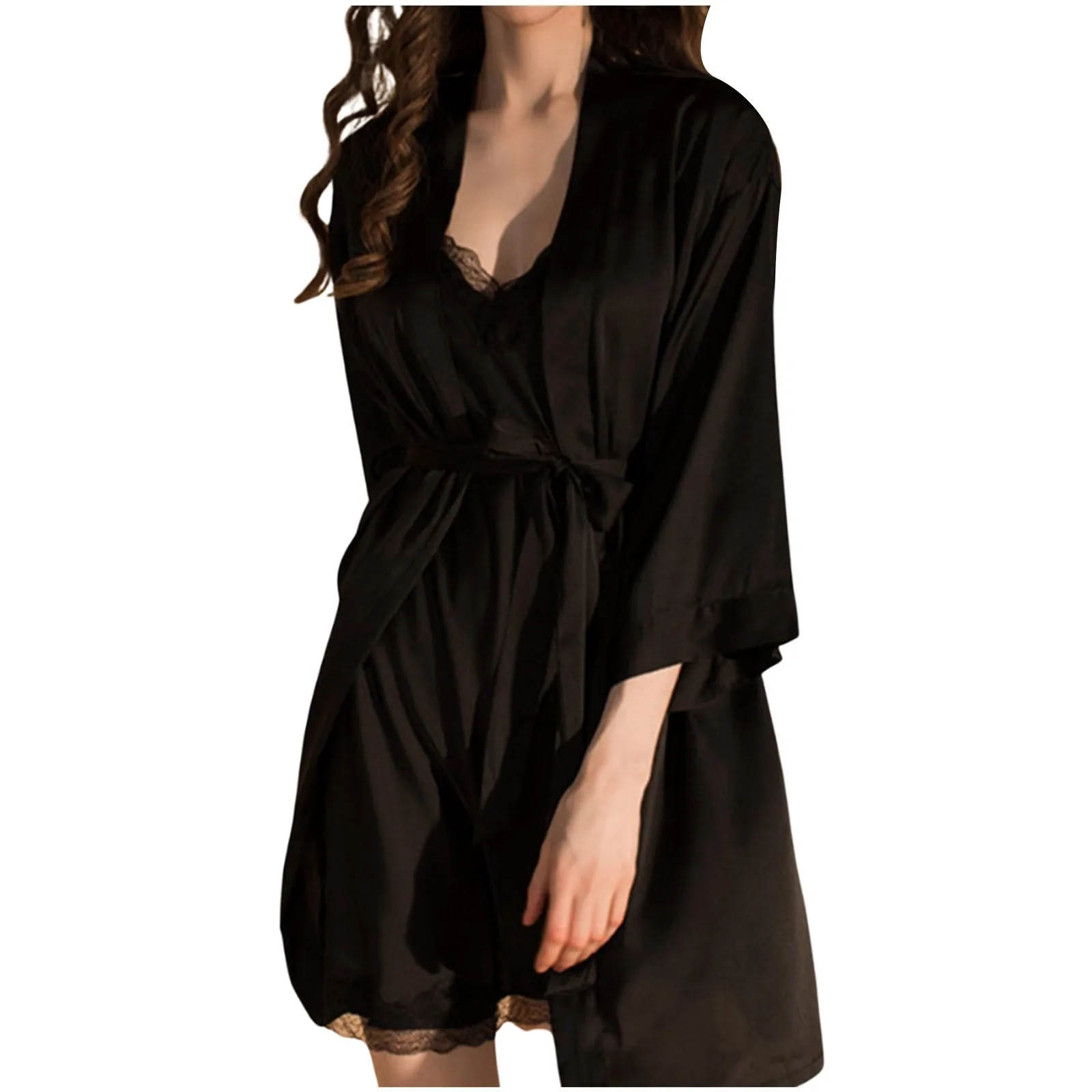 2PC Robe Nightgown Set Women Sexy Lace Bathrobe Nightdress Sleep Suit Kimono Gown Loungewear Satin Sleepwear Nightgown Home Wear