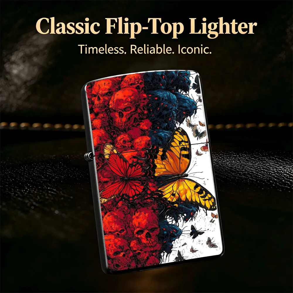 Pocket Lighter, Flip-Top Windproof Design, Metal Shell, Butterfly Print, Red-Blue Color, Portable & Durable, Comfortable Grip, Ideal for Daily Use