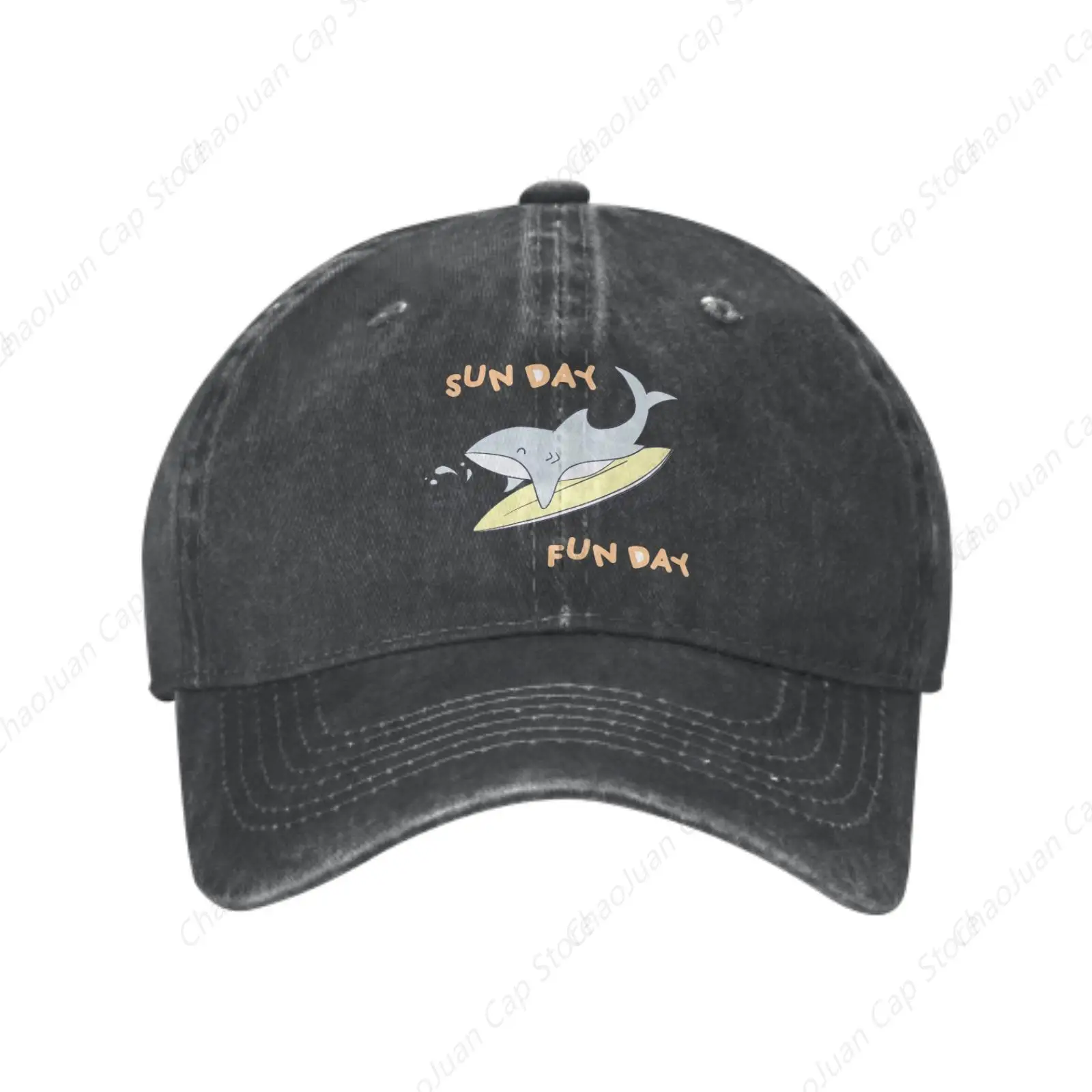 

Vintage Washed Shark Surf Cap | “SUN DAY FUN DAY” Print, Distressed Denim Style, Adjustable Strap, Summer Beach Hat for Men/Wome