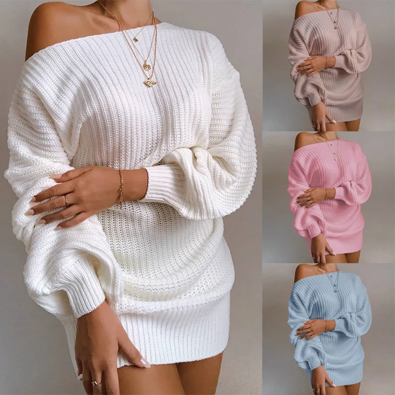 

European and American Style Casual Off Shoulder Lantern Sleeve Knitted Woolen Dress for Women Elegant Women's Loose Dresses