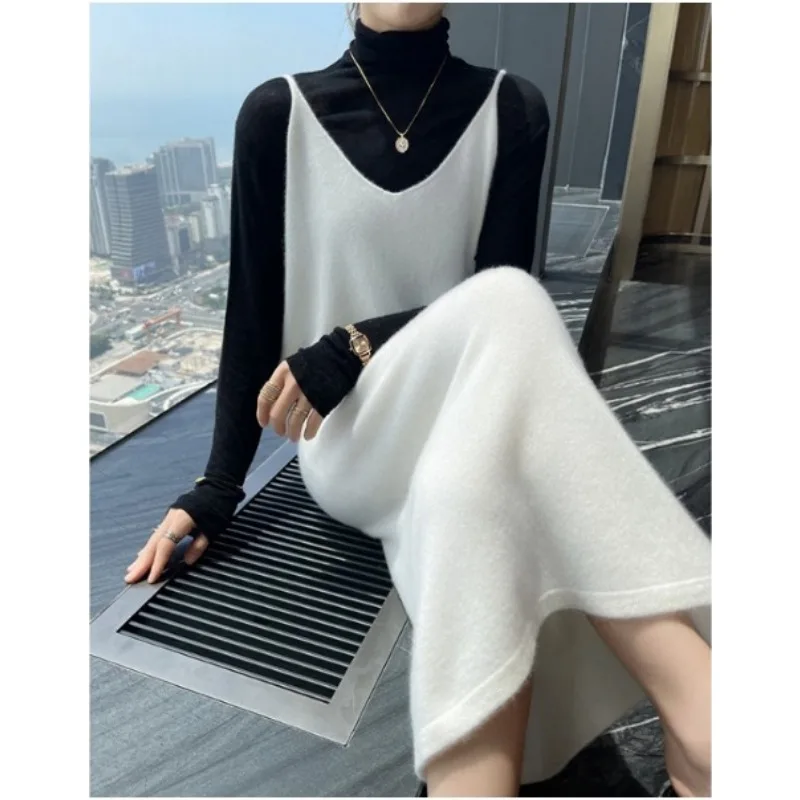 2024 Cashmere overlay mid-length dress women's new fall and winter V-neck thin halter knit dress knee-length woolen long skirt