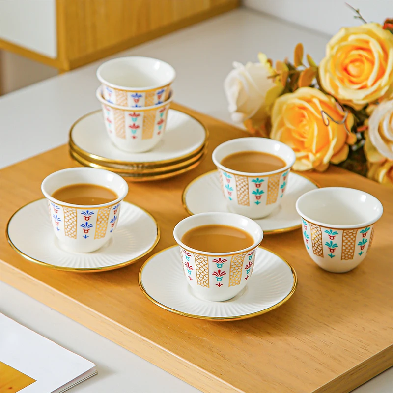 6Pcs European Retro Golden Rim Ceramic Coffee Cup Saucer Set Vintage Printed Porcelain Tea Cups for Home Afternoon Tableware