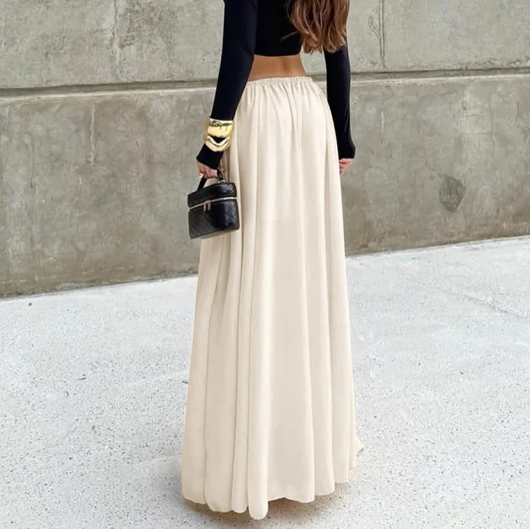 

Slim Fit Autumn Women Skirt Pants Apricot Mid Waist Pleated Floor Length Chiffon Skirt For Lady Temperament Flowy Female Pants