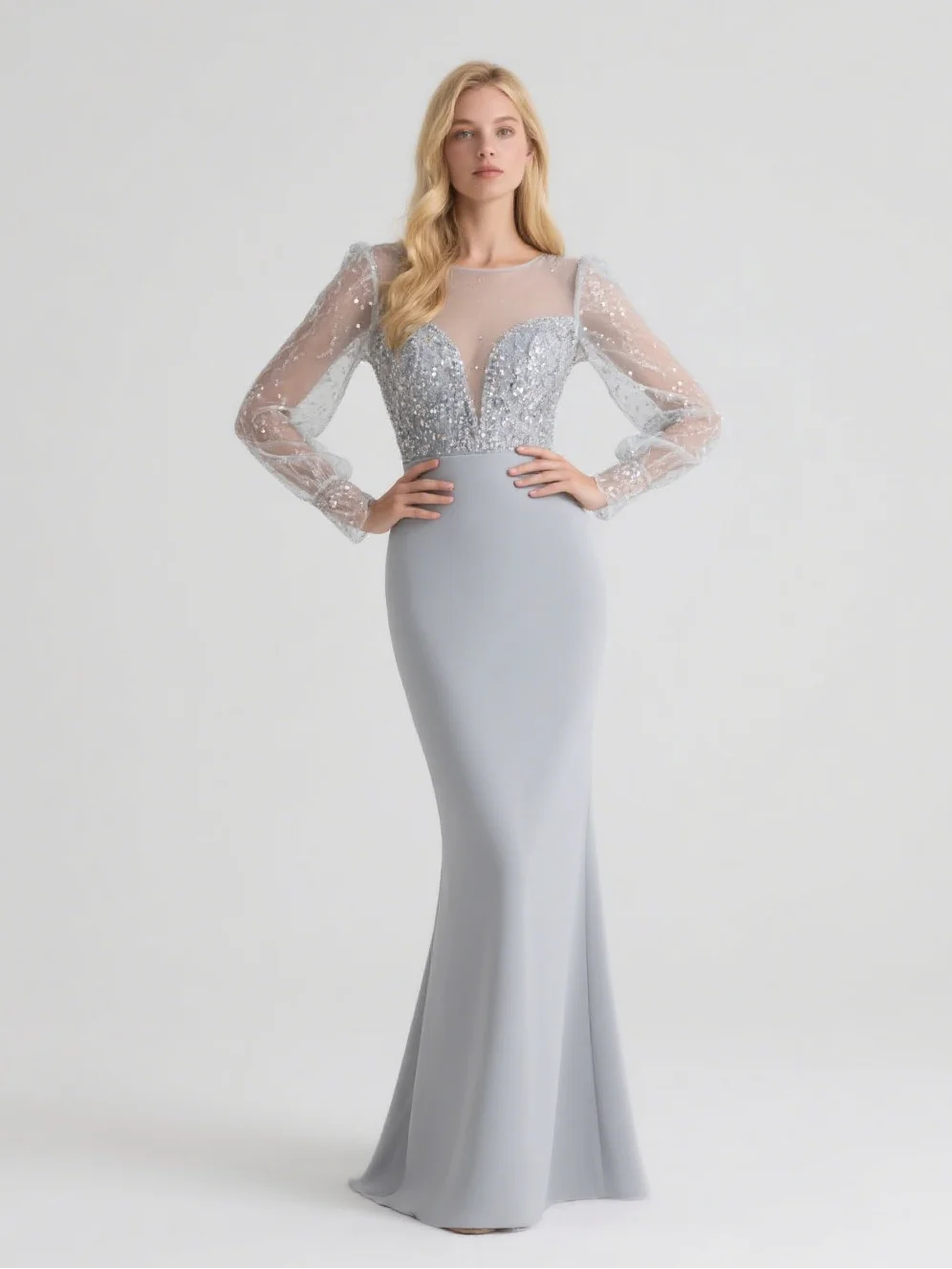 

Luxury Elegant Mermaid Prom Gown Stretch Fabric Tull Floor Length Scoop Neck Long Sleeves Sequined Dress 2025 free customized