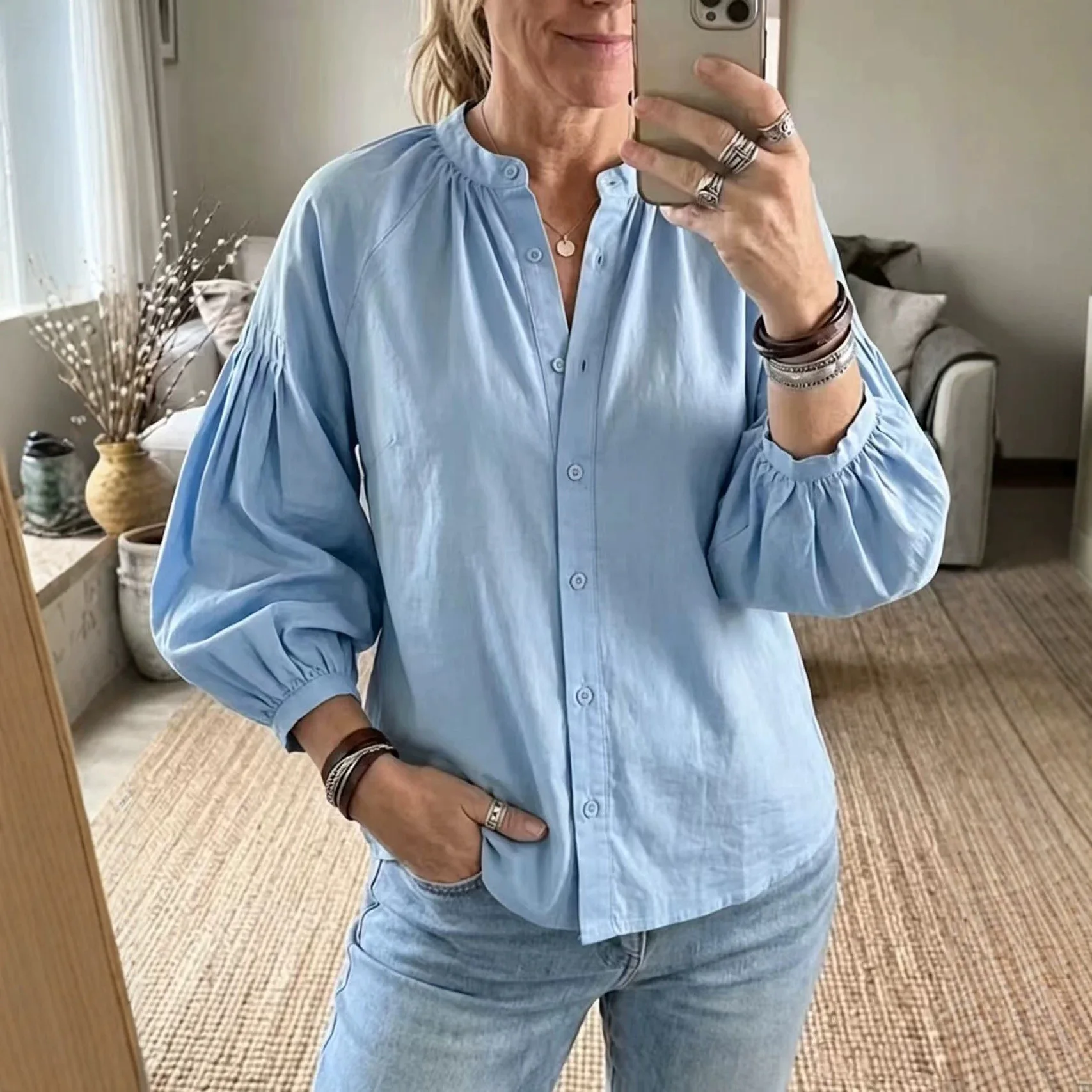 2026 Summary New Style Stand-up Necklace Full Open Placket Raglan Puff Three-quarter Sleeve Loose Random Single-breasted Women's