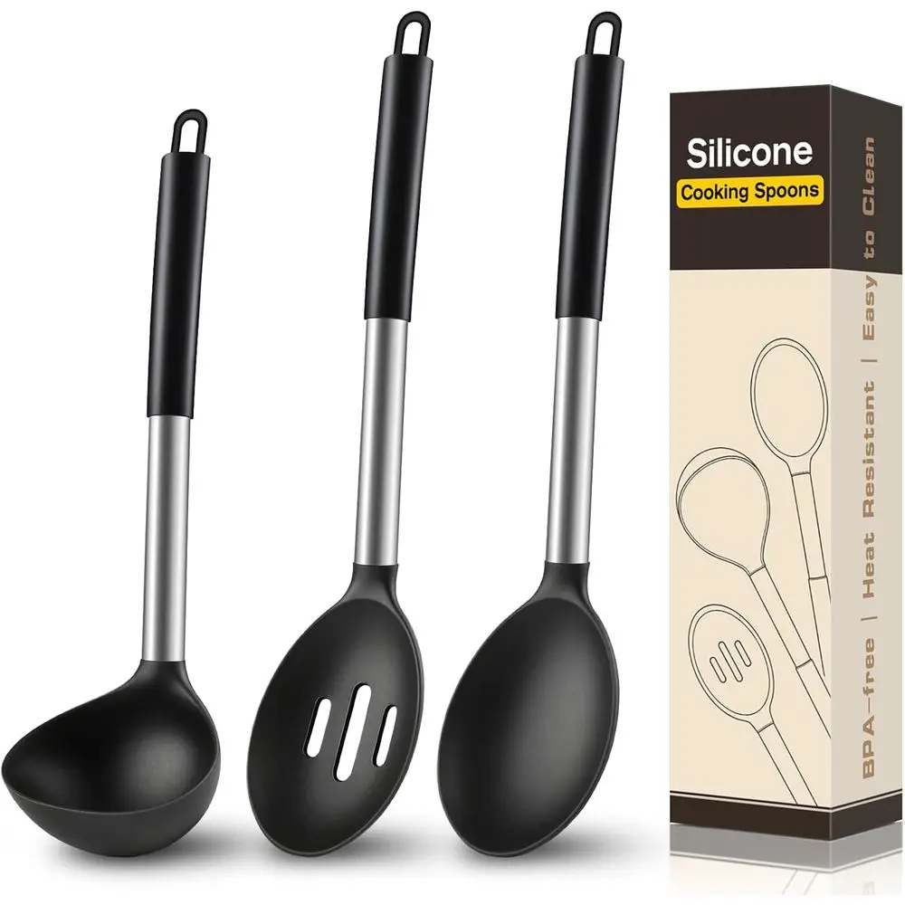 Silicone Cooking Spoon Set - 3 Piece Kitchen Utensils with Solid & Slotted Spoon, Soup Ladle, Heat Resistant, Non-Scratch, Dishw