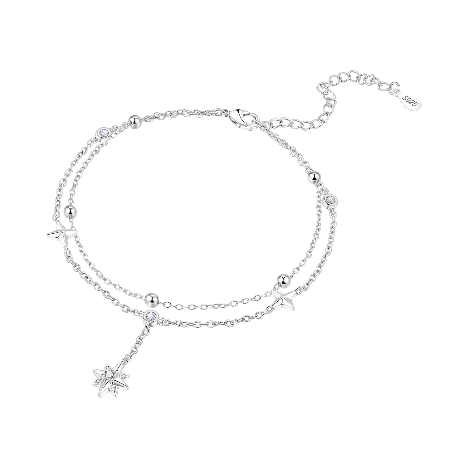 Women's S925 Sterling Silver Double Star Shaped Chain Anklet