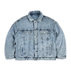 Winter Washed Blue Padded Denim Jacket Men Unisex Thick Bomber Kanye Streetwear