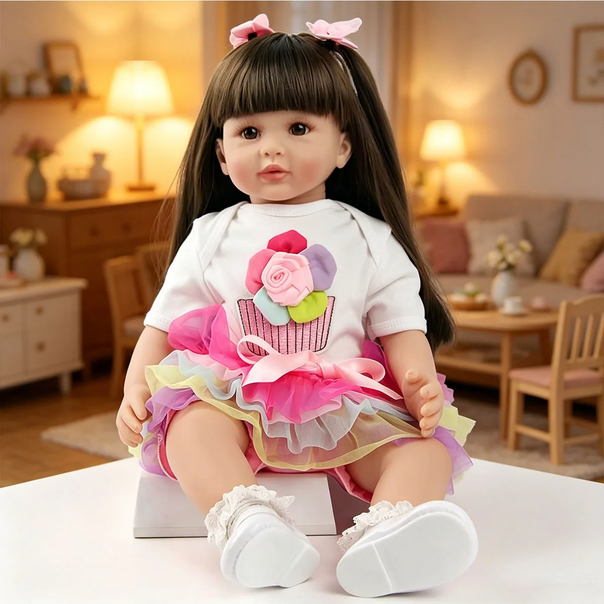 Muñeca Reborn de 22 Pulgadas, Muñeca Realista con Vestido de Pastelito, Muñecas Reborn Hechas a Mano de Vinilo de Silicona Suave, Regalo Ideal para Niños y Coleccionistas