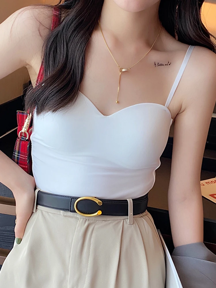 Summer Women's White Top Sleeveless Thin Straps Camisole Solid Color Tank Top with Cups Summer Ice Silk Comfortable Sling