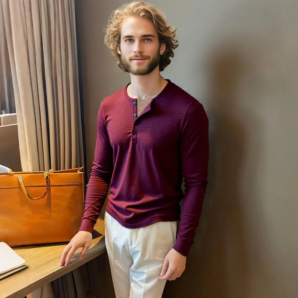 Men T-shirt Buttons Half Placket Long Sleeve Lightweight Tee Shirt Solid Color Loose Fit Pullover Tops Travel Office Daily Wear