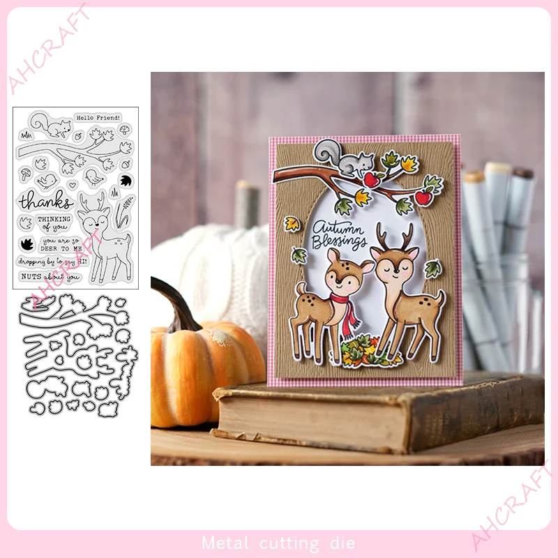 Deer Friend Stamp and Metal Cutting Dies for DIY Scrapbooking Photo Album Decorative Embossing Paper Card Crafts Die 2023