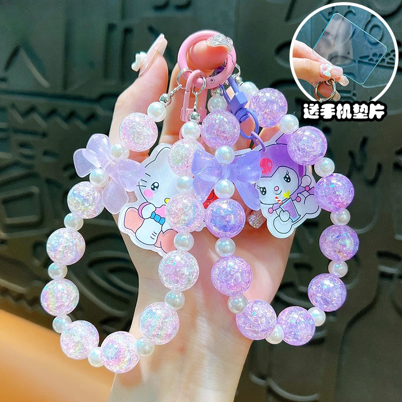 

Kawaii Sanrio Kuromi Phone Chain W/Card Bowknot Beads Melody Cinnamoroll Charm Wrist Strap Pendant Keychain Bag Accessories Gift