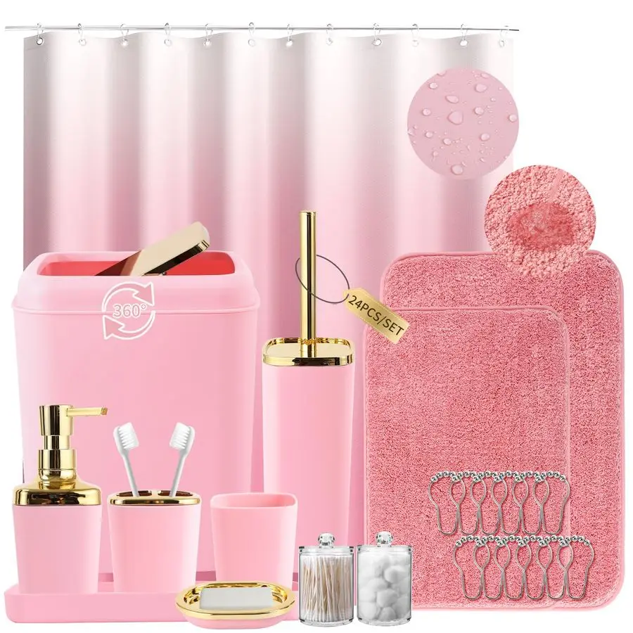 

Set Pink Bathroom Sets with Shower Curtain and Rugs, 24PCS Shower Curtain Set with Hooks, Soap Dispenser, Soap Dish, Toilet Bru