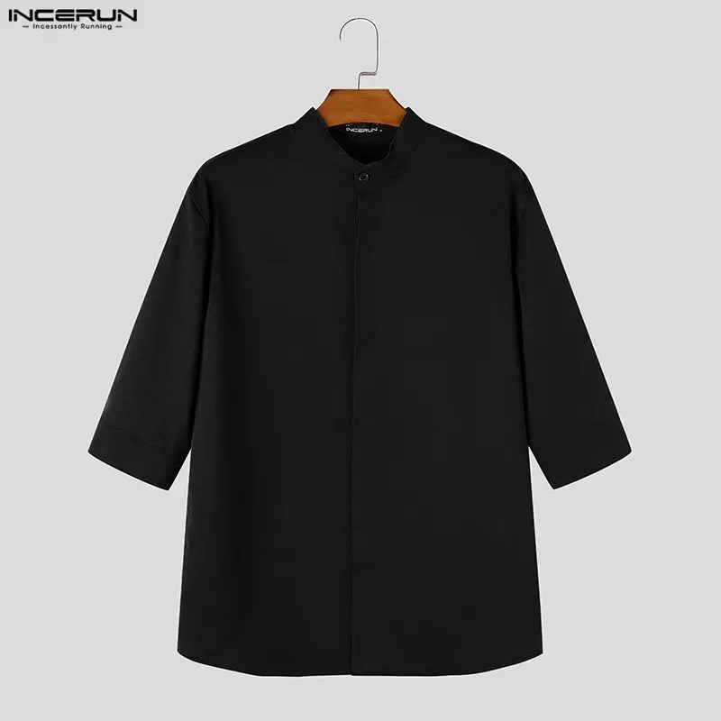 Men's Shirt Solid Color Stand Collar Half Sleeve Loose Casual Men Clothes Streetwear Korean Style Fashion Tops For Man INCERUN