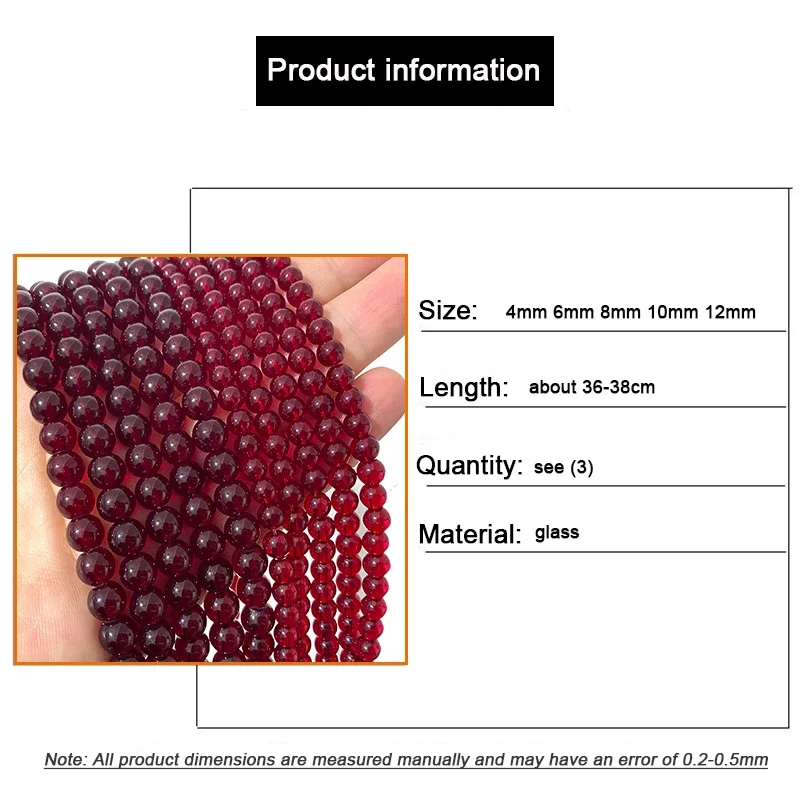 Round Stone Beads 4-12mm Pomegranate Red Glass Loose Spacer Crystal For Jewelry Making DIY Bracelet Earrings Accessories 15\'\'