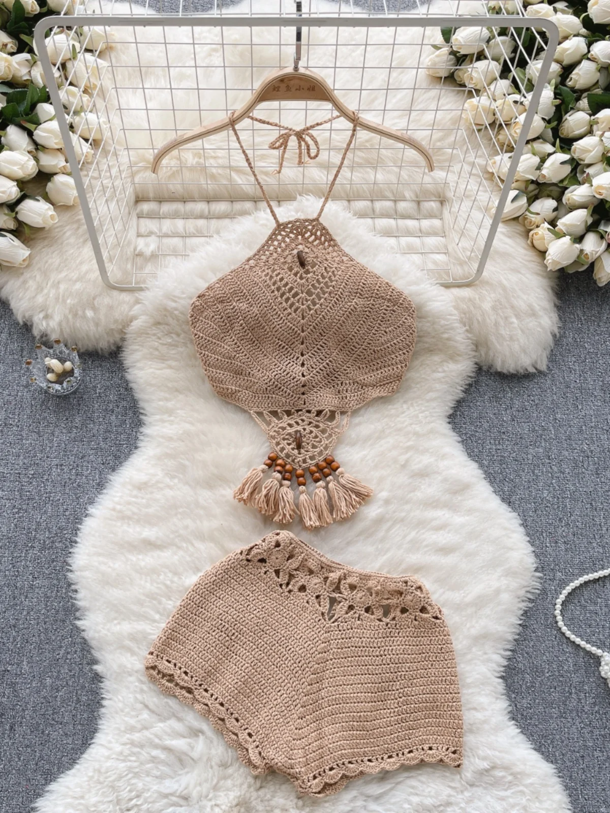 

Bohemian Style Knitted Sexy Girl Set Women's Summer Hanging Tassel Hollow out Vest High Waist Shorts Fashionable Ensemble