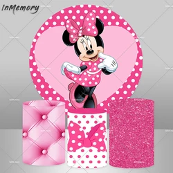 Rosa Pink Minnie Mouse Circle Backdrop for Girl Birthday Party Decor Polka Dots Baby Shower Round Background Photo Plinth Covers