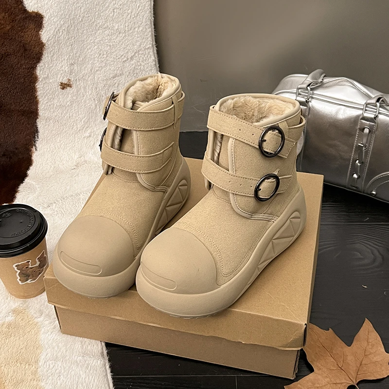 أحذية قطنية قصيرة شتاء جديد جولة اصبع القدم أفخم سميكة حزام مشبك منصة عدم الانزلاق أحذية الثلوج مقاومة للاهتراء #1