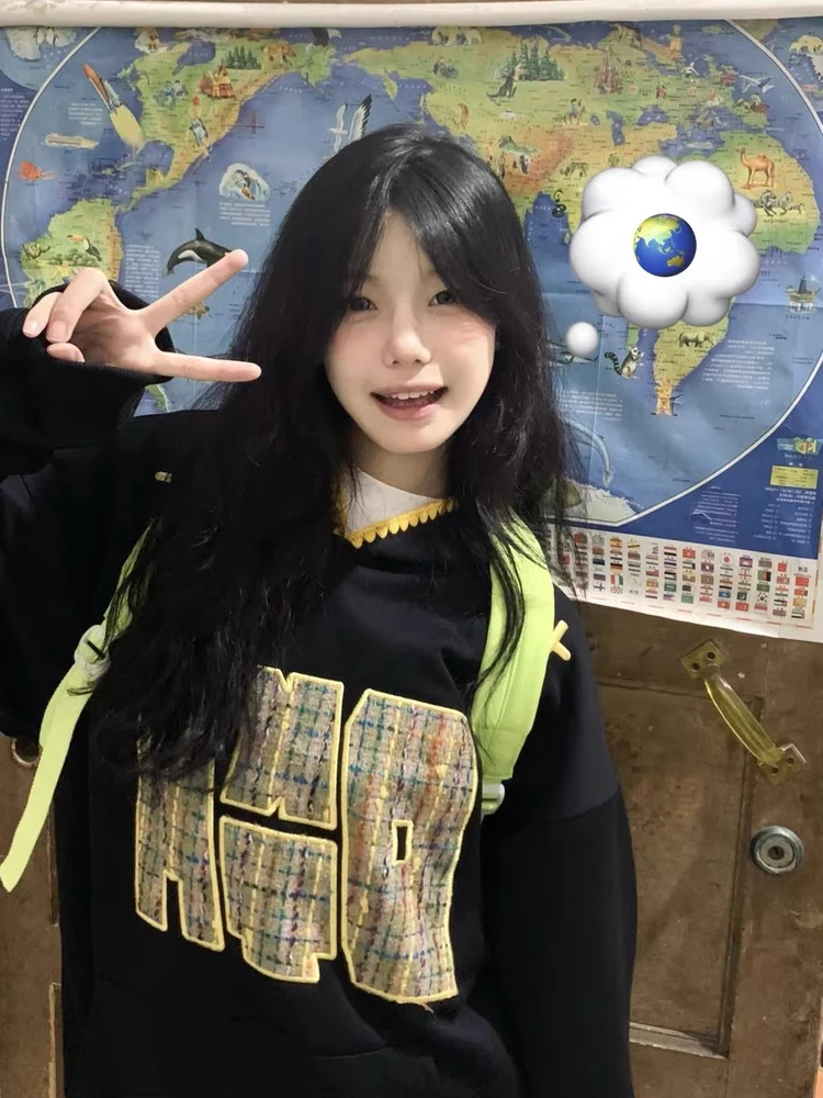 American Retro Patchwork Embroidery Hoodie Women's Spring Autumn Oversize Trendy Design Outerwear Comfortable Long Sve