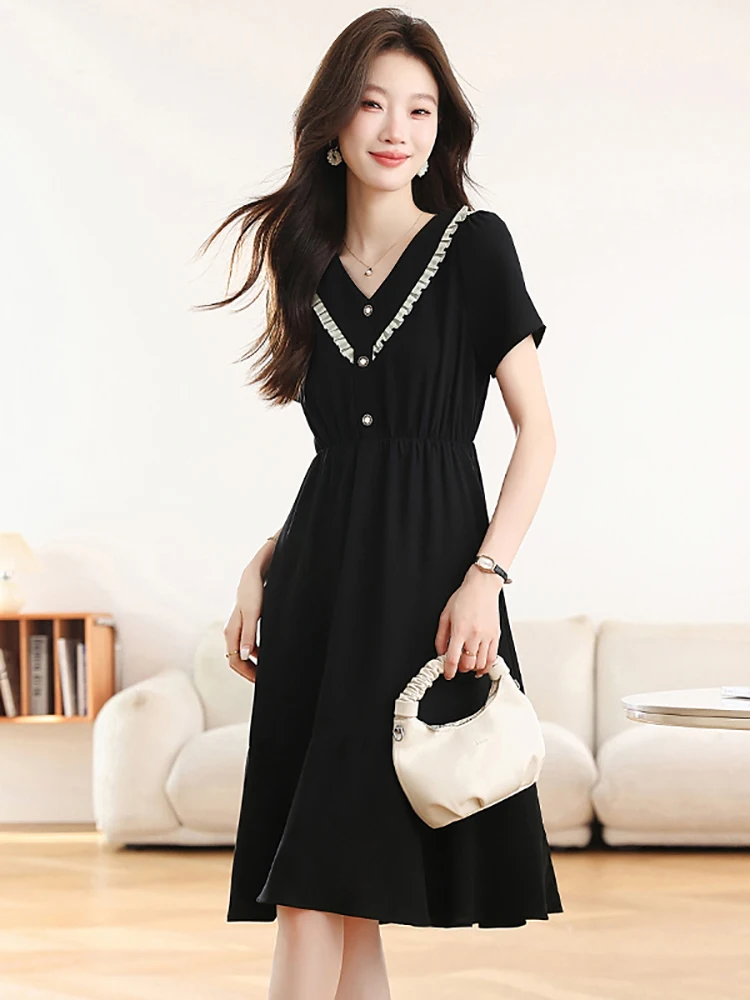 

Women Korean Vintage Hepburn Prom Dress Summer Black Chic Short Sleeve Ruffled V-Neck Dress 2026 Elegant Bodycon Female Clothes