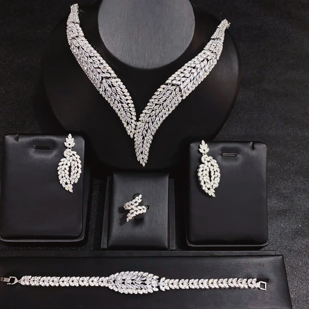 

Luxury Cubic Zirconia Wedding Neck Necklace Earrings Bracelet Ring Bridal Dubai Jewelry Set