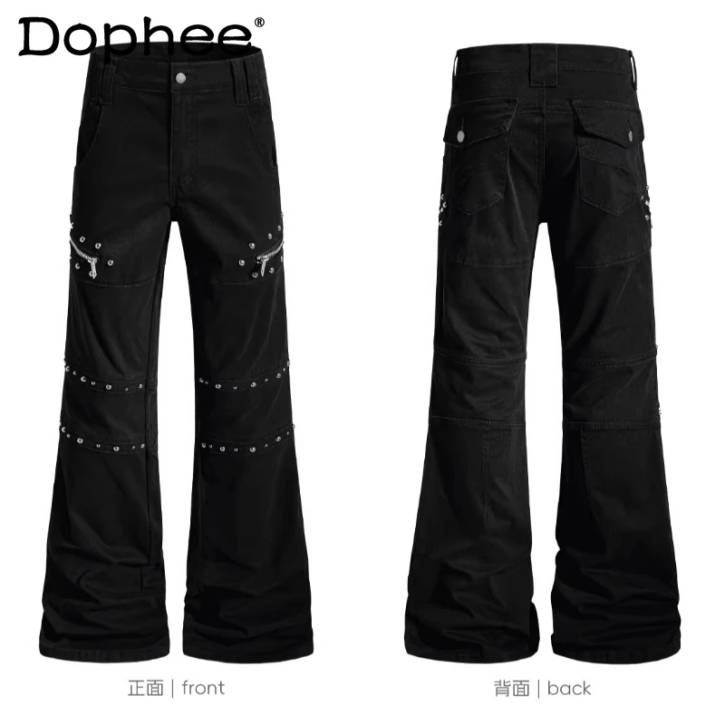 

2026 Men's Four Seasons Wear Fashion Rivets Decorative Trousers Handsome Micro-elastic Personality Flared Pants Comfort Trousers