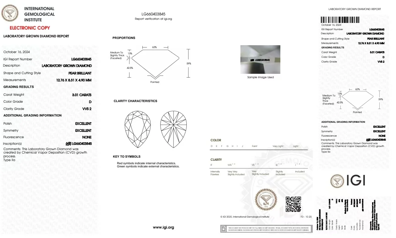 

3.01CT D VVS2 PEAR SHAPE IGI CERTIFICATE LG660403845