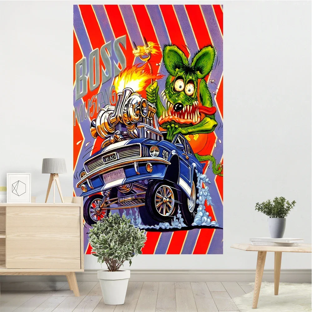 Rat Fink Hot Rods My Garage Vintage Tapestry Polyester Printed Home or Outdoor Decoration Banner