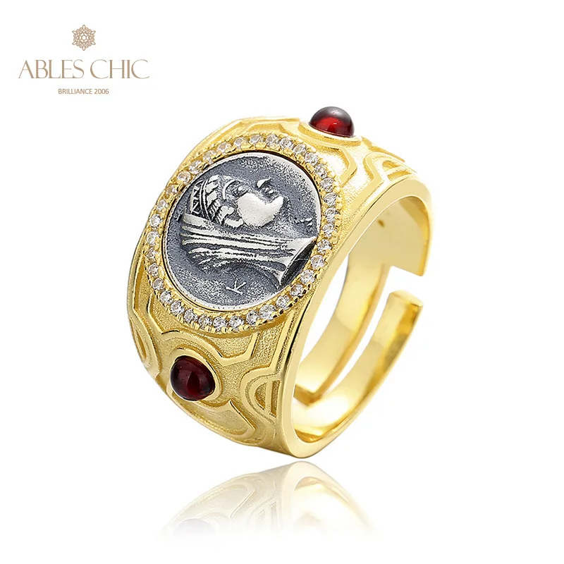 Ables Chic Greek Arsinoe II Silver Coins Garnet Accent Solid 925 Silver Roman Coin Open Ring R1000