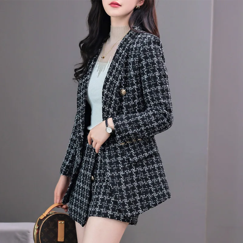 Tesco Women Pants Suit Plaid Double Breasted Short Skirt Set Fashion Casual Women Set for Office Lady  Form party chandal mujer