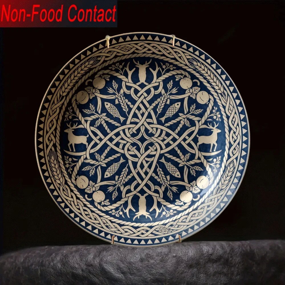 1pc Celtic Knot & Deer Design Ceramic Decorative Plate - Deep Blue & Golden Round Wall/Tabletop Decor, Non-Food Contact,